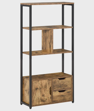 Industriële Boekenkast met 4 Niveaus, 2 Laden en Deur - 58x24x122 cm - Marrón Rústico