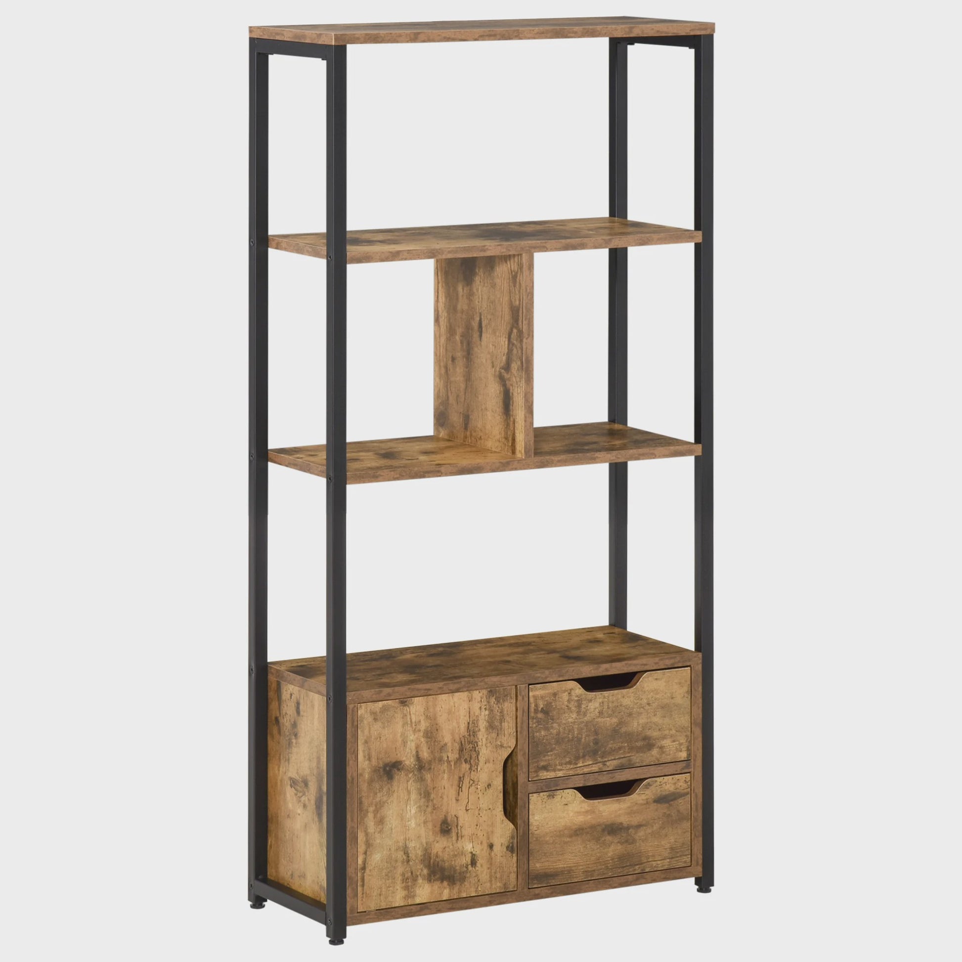 Industriële Boekenkast met 4 Niveaus, 2 Laden en Deur - 58x24x122 cm - Marrón Rústico