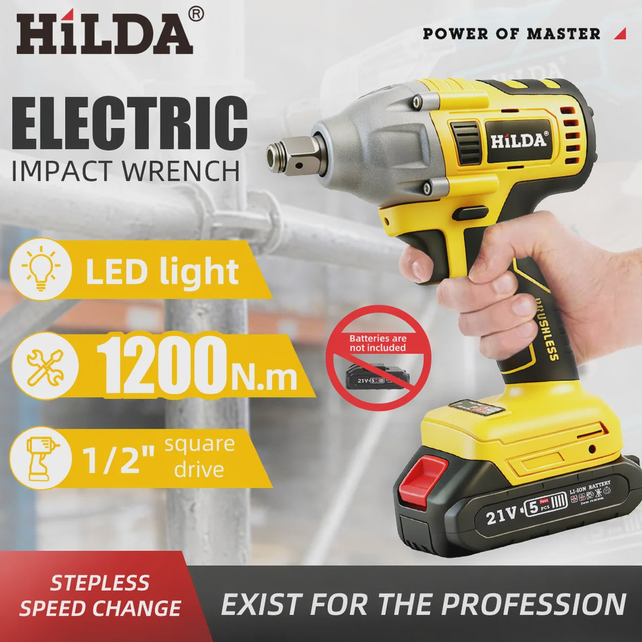 HILDA 1/2" Brushless Slagmoersleutel - 1200 Nm Krachtige Accu Klopmachine voor Banden en Steigerbouw (Compatibel met Makita)