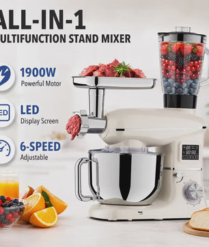 1900W Multifunctionele Planeetmixer met Vleesmolen & Blender - 6 Snelheden & LED Display