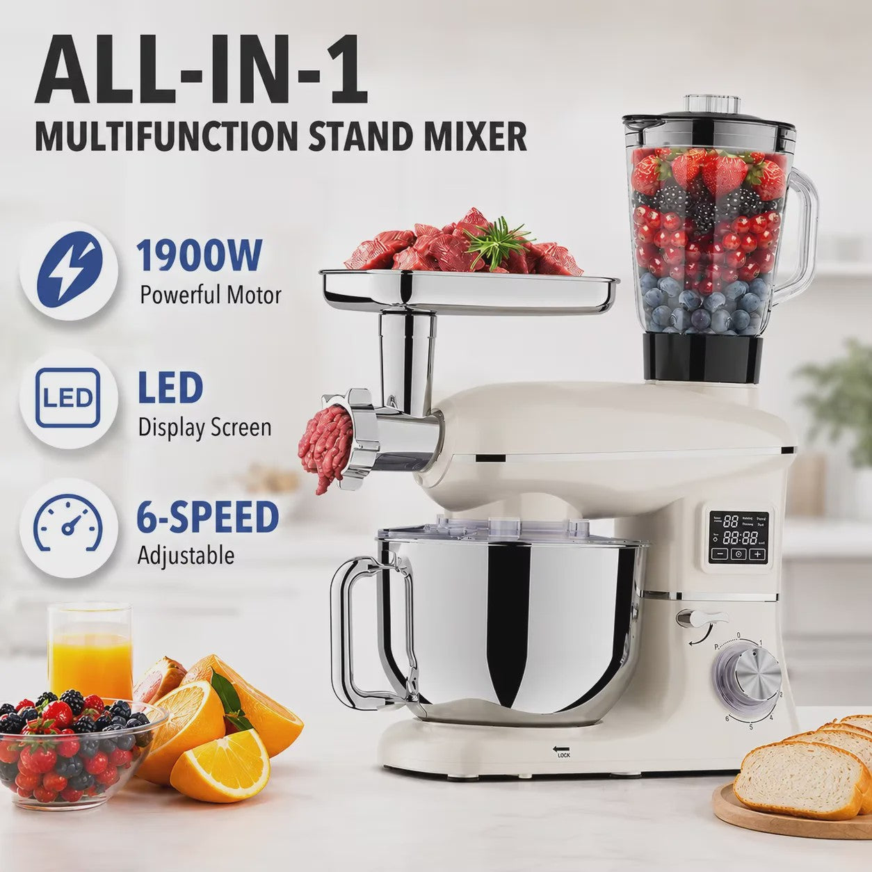 1900W Multifunctionele Planeetmixer met Vleesmolen & Blender - 6 Snelheden & LED Display