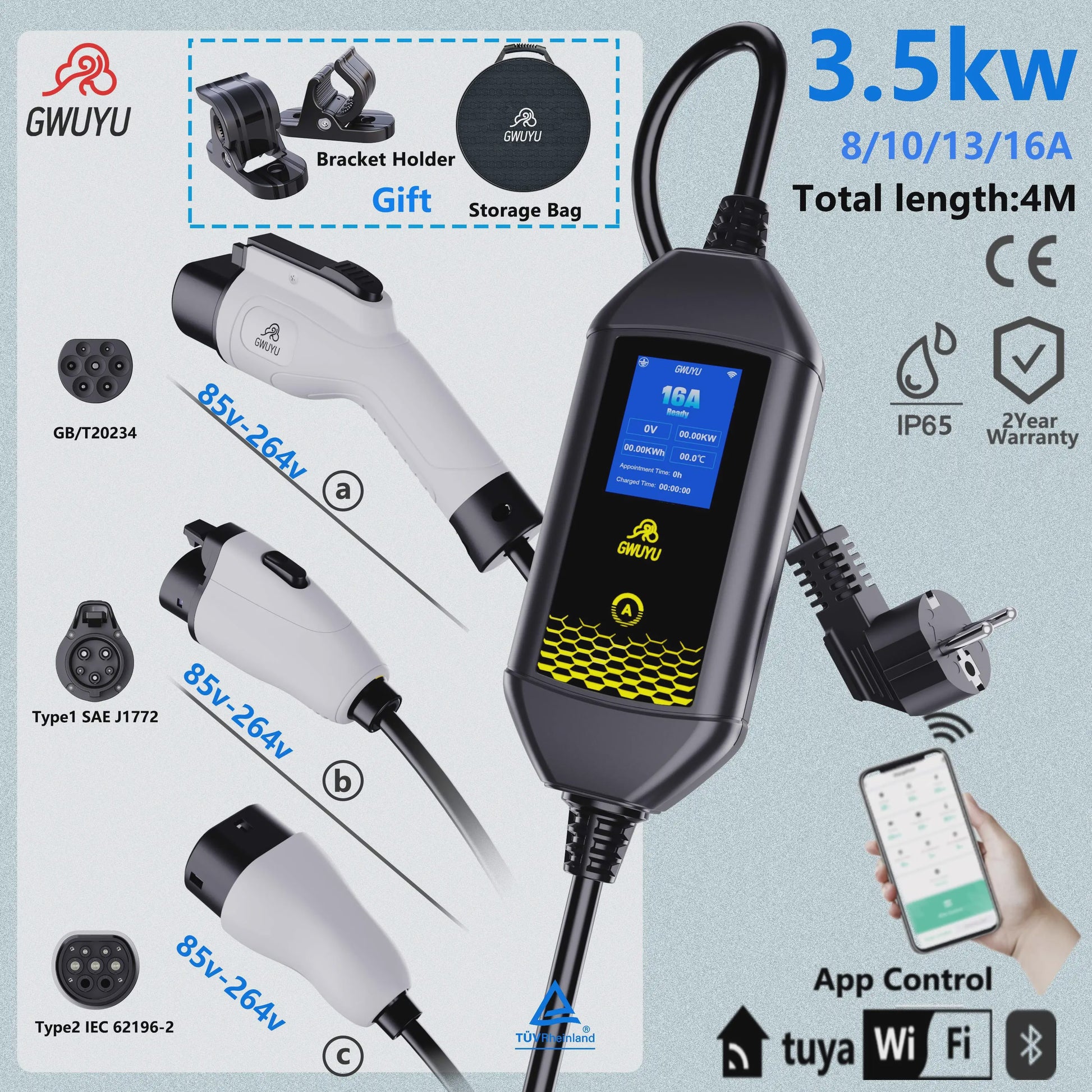 Draagbare EV Charger GWUYU 3.5kW - Type 1, 2, GBT - APP Bediening