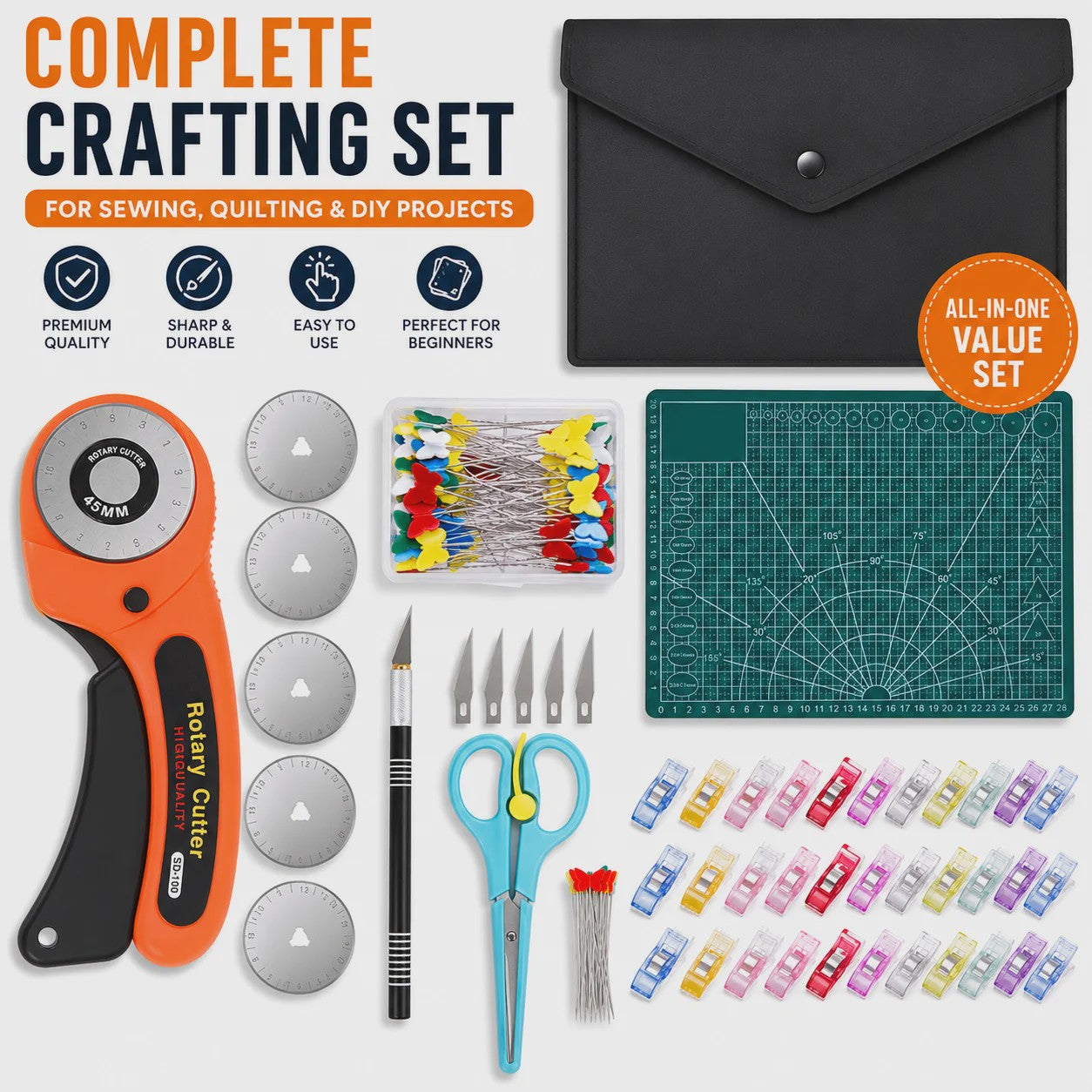 Complete Naaiset met Rolmes, Snijmat, Stoffenschaar, Clips, Spelden & Opbergtas - Professionele Quiltset voor DIY Knutselprojecten