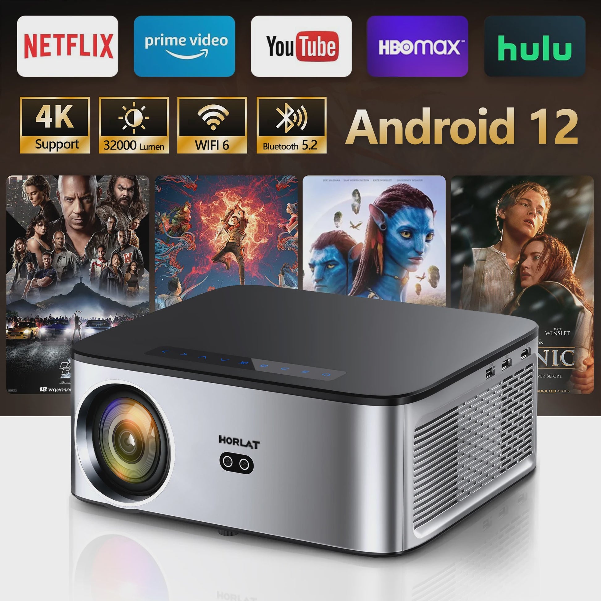 HORLAT Android 12 Projector: 1600 ANSI Lumen, 4K Full HD, WiFi 6, Bluetooth 5.2 - Home Theater & Gaming