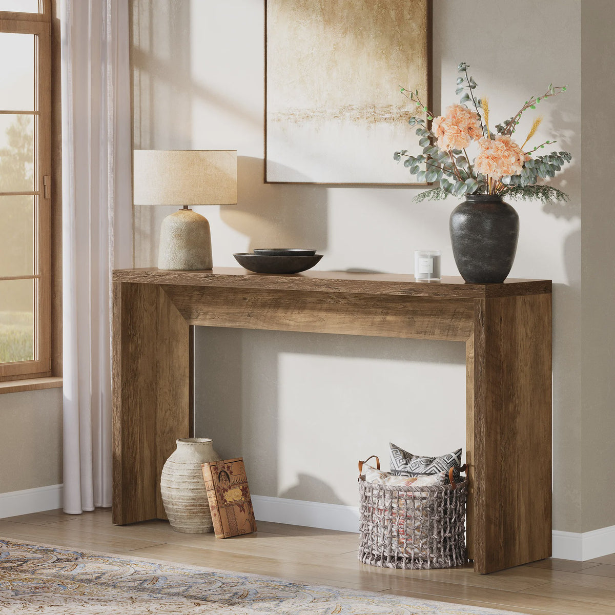Tribesigns 140cm Farmhouse Console Tafel met Opbergruimte - Rustiek Bruin Hout