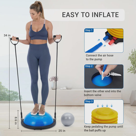Balance Ball Halve Gymbal met Anti-slip Basis & Weerstandsbanden - 63.5 cm