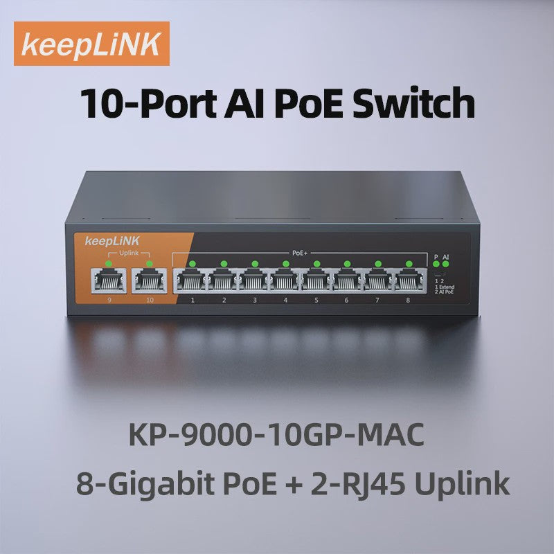 KeepLiNK 10-Poorts Gigabit PoE Switch: 8 PoE-poorten, 2 Uplinks, Plug & Play