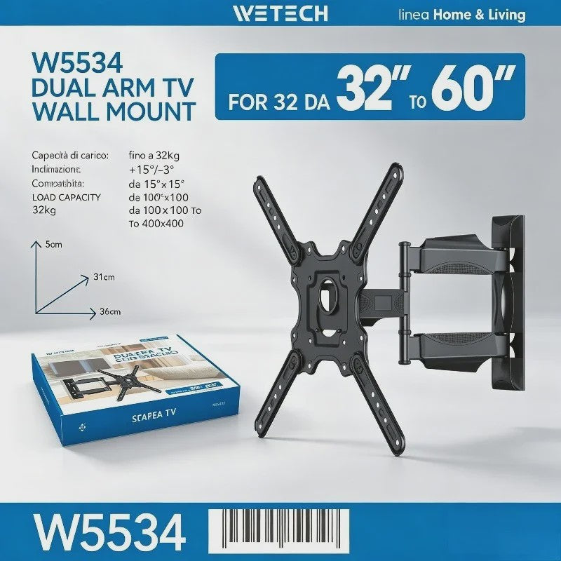 WETECH W5534 TV Muurbeugel - Dubbele Arm, Volledig Verstelbaar voor 32-60 Inch TV's, 32kg Draagvermogen, VESA 100-400mm