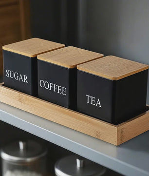 Set van 3 Keuken Potten met Bamboe Deksel - Voor Koffie, Thee & Suiker - Zwart/Wit - 500ml