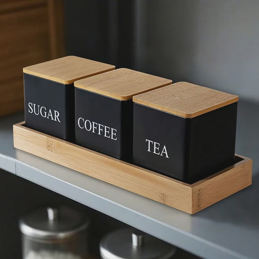Set van 3 Keuken Potten met Bamboe Deksel - Voor Koffie, Thee & Suiker - Zwart/Wit - 500ml