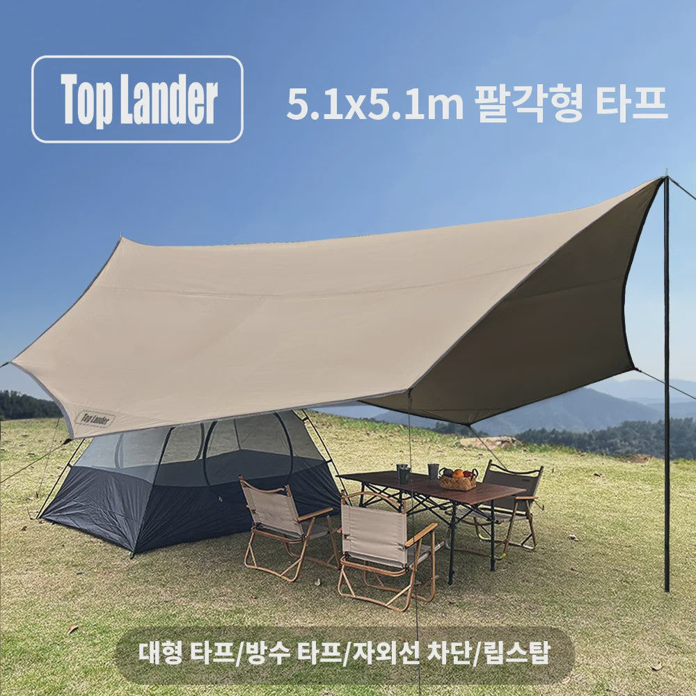 Grote Achthoekige Camping Tarp 5.1x5.1m - Waterdicht en UV-beschermend met Stokkenset