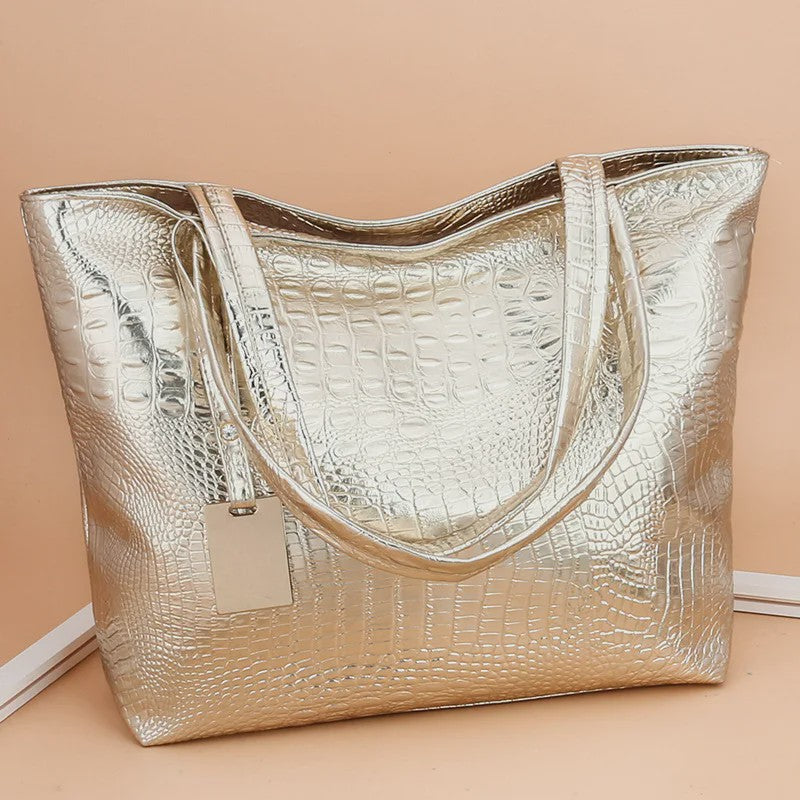 Luxe Dames Handtas Schoudertas Croco Print PU Leer Groot Formaat – Verkrijgbaar in Zilver, Goud, Zwart
