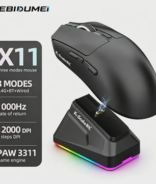 K.Snake X11 Tri-Mode Gaming Muis: 12000 DPI, RGB & Magnetische Oplaadbasis - Draadloos, Bluetooth, 2.4G, Bedraad