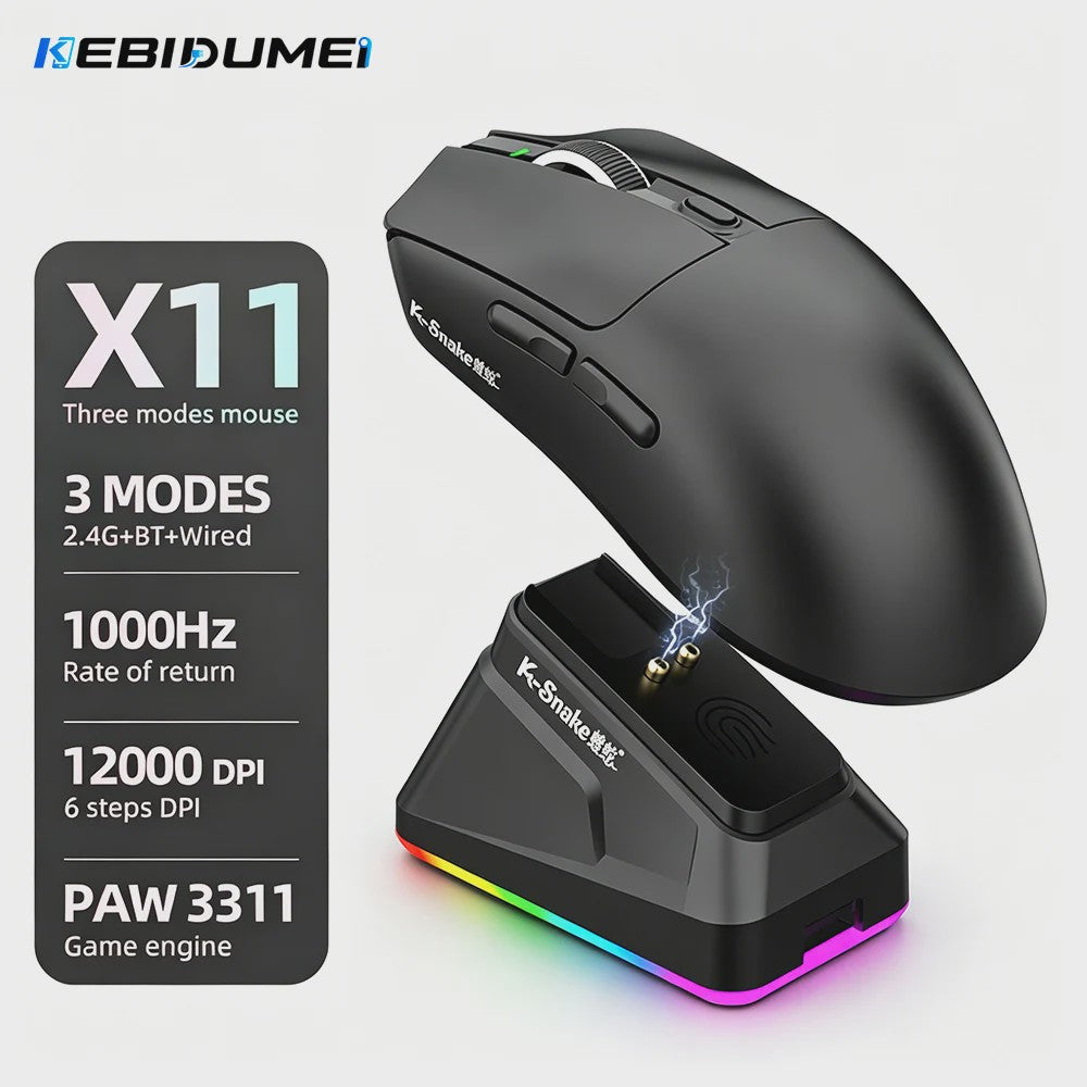 K.Snake X11 Tri-Mode Gaming Muis: 12000 DPI, RGB & Magnetische Oplaadbasis - Draadloos, Bluetooth, 2.4G, Bedraad