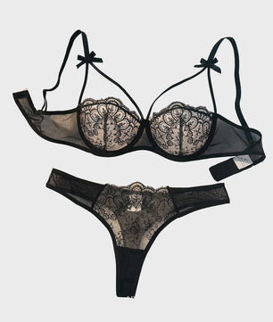 Zwarte Comfortabele 2-delige Lingerieset met Strikjes en Semi-transparant Kant