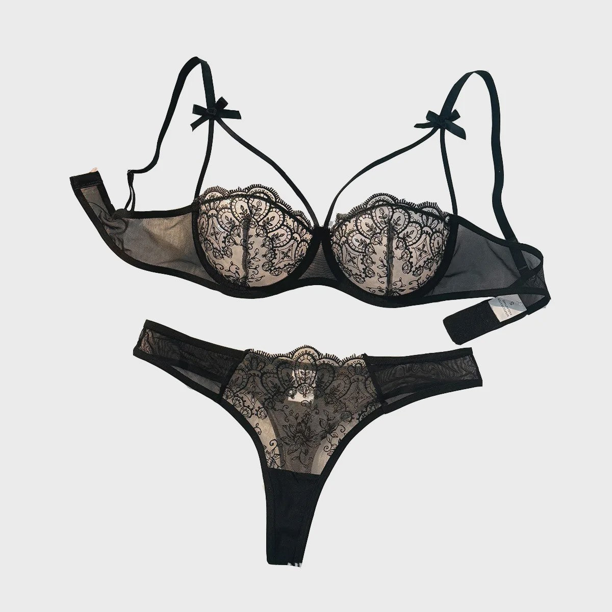 Zwarte Comfortabele 2-delige Lingerieset met Strikjes en Semi-transparant Kant