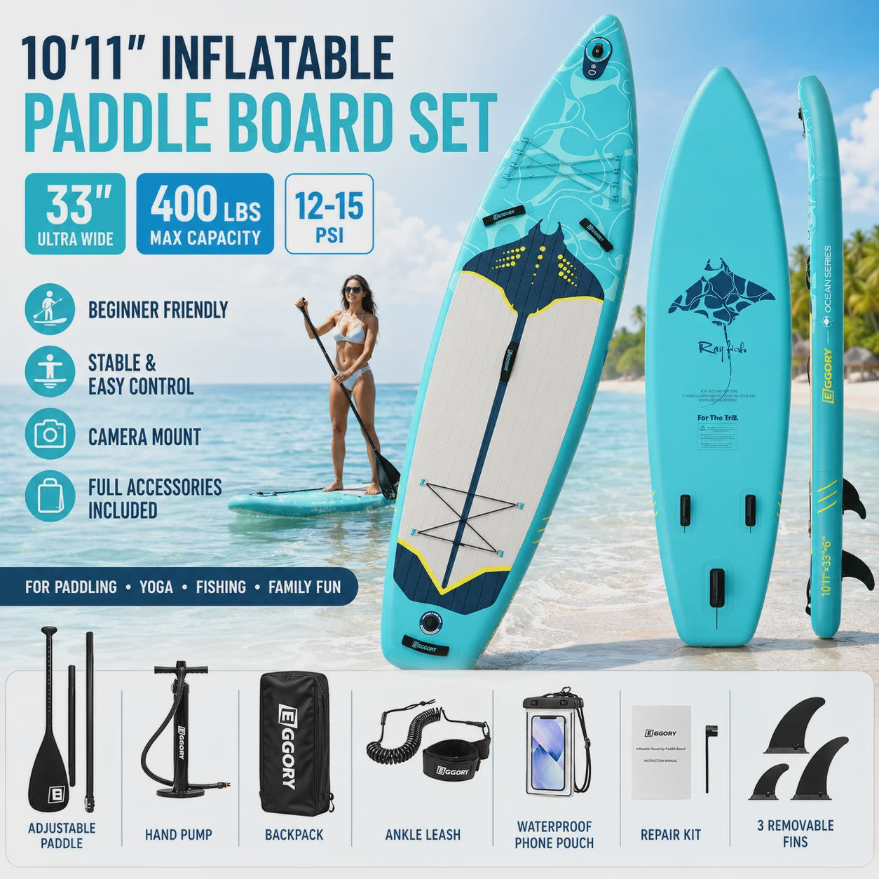 Opblaasbaar Stand Up Paddle Board (SUP) 10'11'' - 33'' Breed - 180kg Capaciteit - Complete Set voor Beginners