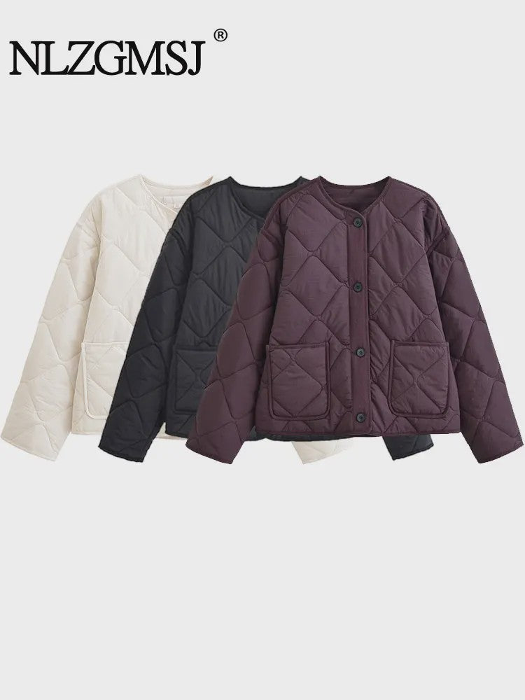 Dames Korte Gewatteerde Jas met Ronde Hals - Stijlvolle Herfst/Winter Casual Jas