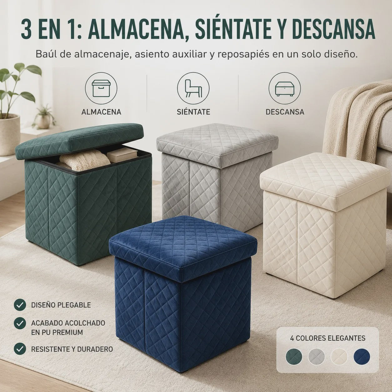 3-in-1 Opvouwbare Fluwelen Opberg Poef met Diamant Design - 38x38x35cm