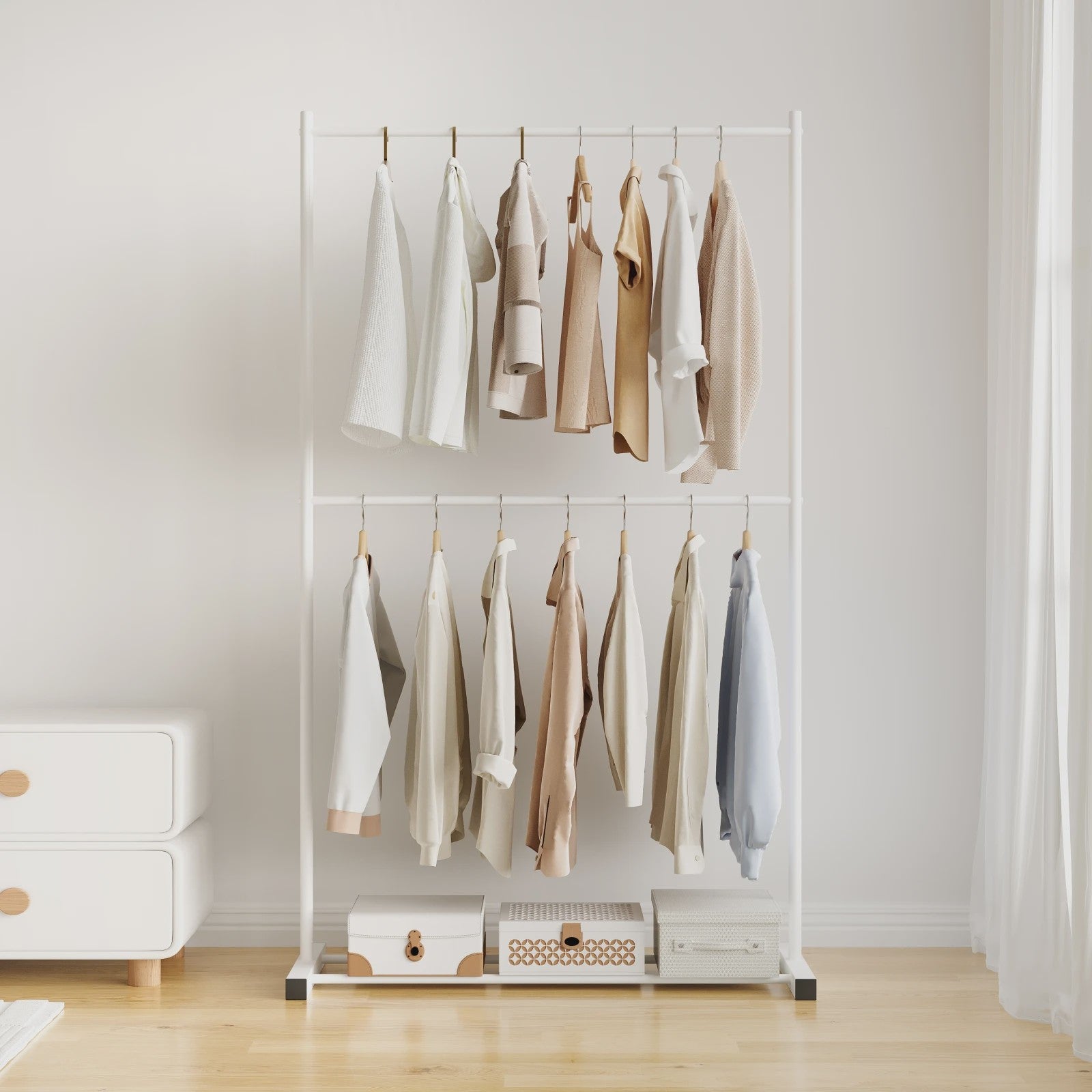 Stabiele Kledingrek Dubbellaags - Multifunctioneel & Nordic Stijl - Zwart, Wit, Goud