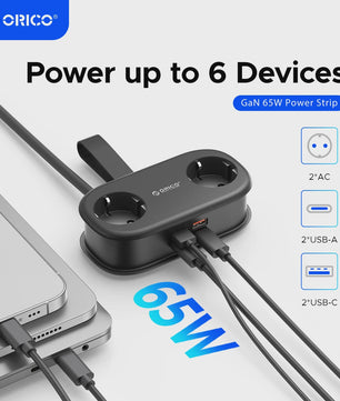 ORICO GaN 65W Power Strip: 2x AC, 2x USB-A, 1x USB-C - Snel Laden voor Thuis & Reizen