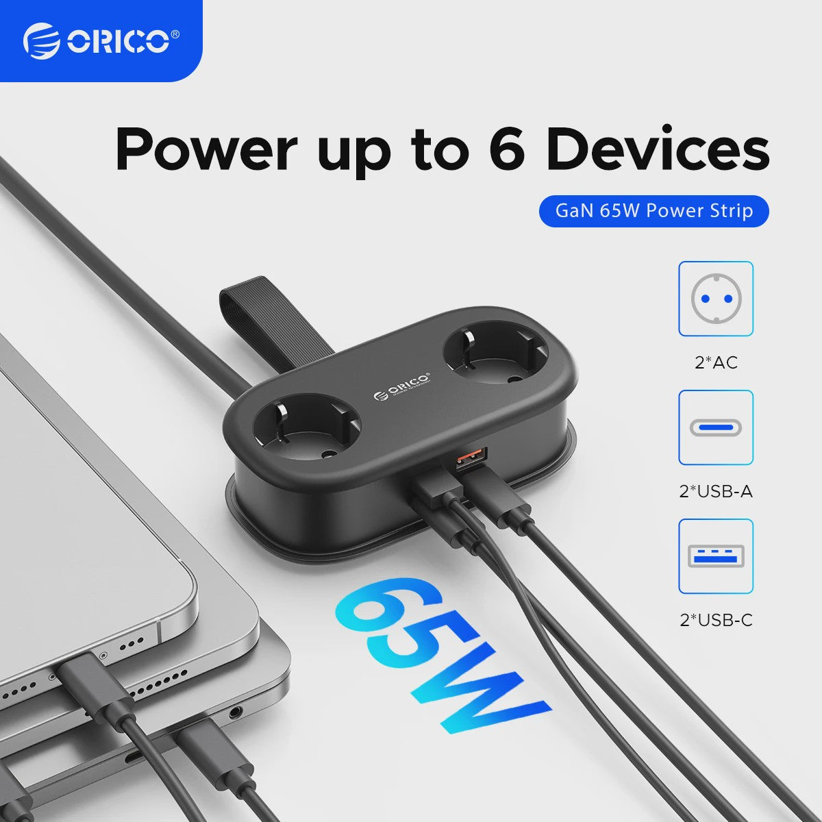 ORICO GaN 65W Power Strip: 2x AC, 2x USB-A, 1x USB-C - Snel Laden voor Thuis & Reizen
