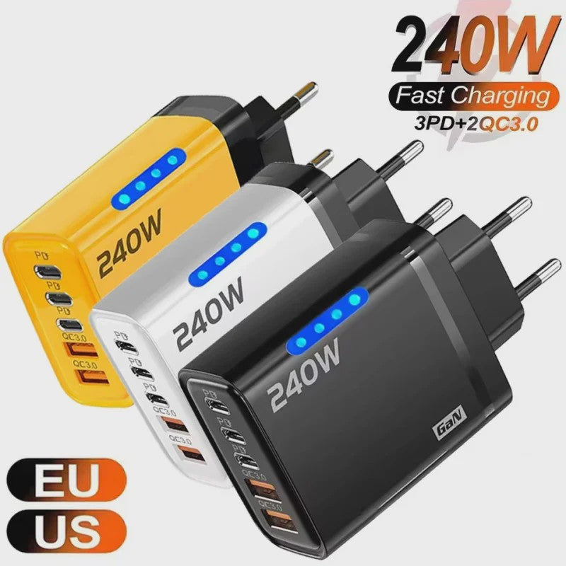 240W GaN 5-Poorts Snellader | USB-C PD & QC 3.0 | EU/US Stekker
