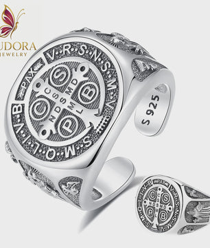 Sint Benedictus Ring 925 Sterling Zilver - Verstelbaar, Vintage Kruis Medaille Juweel
