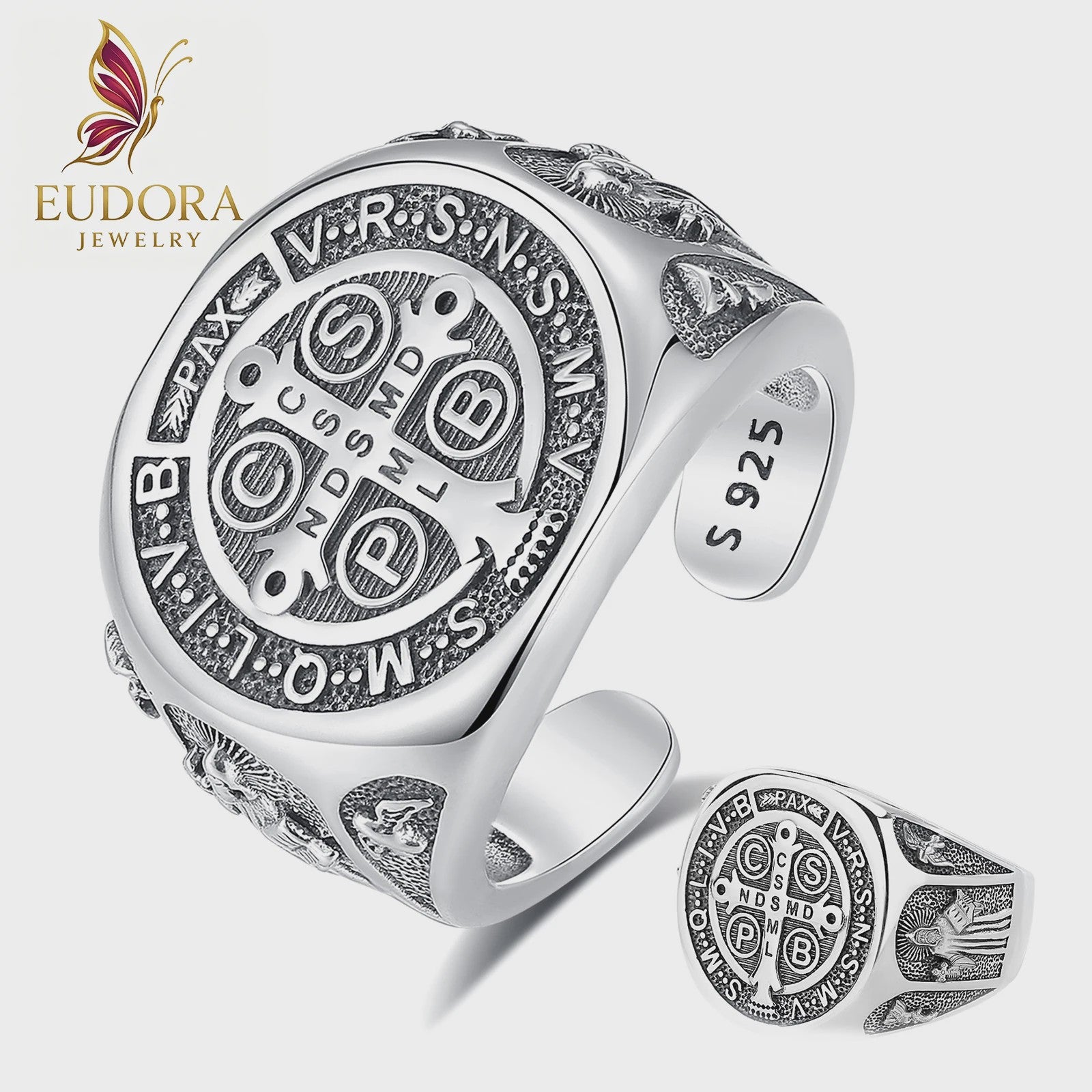 Sint Benedictus Ring 925 Sterling Zilver - Verstelbaar, Vintage Kruis Medaille Juweel