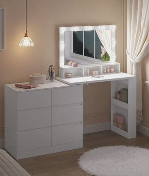 Moderne Kaptafel met LED Spiegel en 7 Lades - Flexibel te Monteren - Make-up Tafel met Ladekast