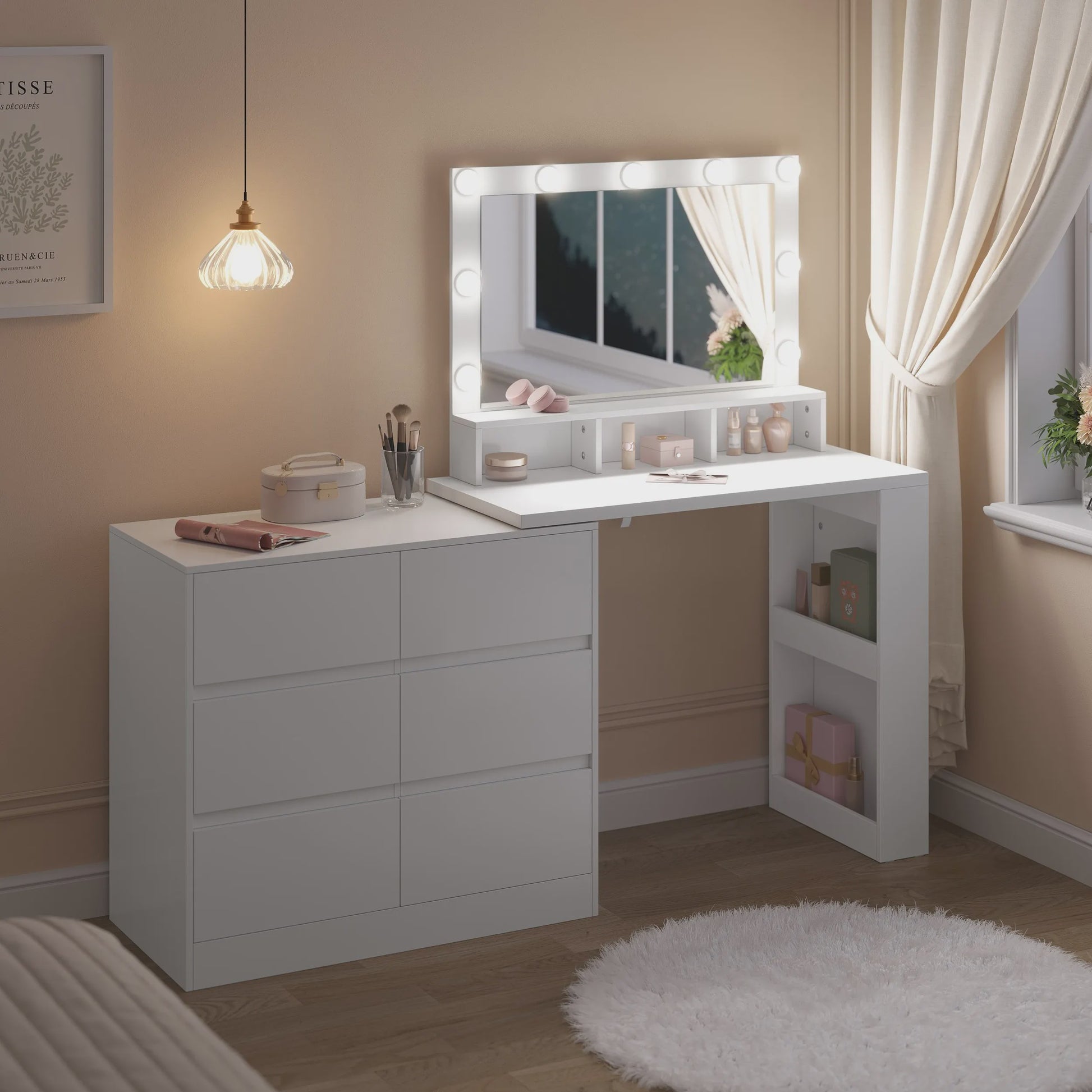 Moderne Kaptafel met LED Spiegel en 7 Lades - Flexibel te Monteren - Make-up Tafel met Ladekast