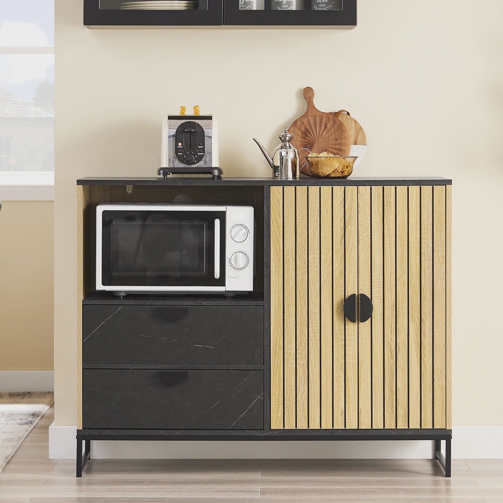 SoBuy Keuken Dressoir met Magnetronnis en Deuren - Eiken/Zwart 107x40x85cm