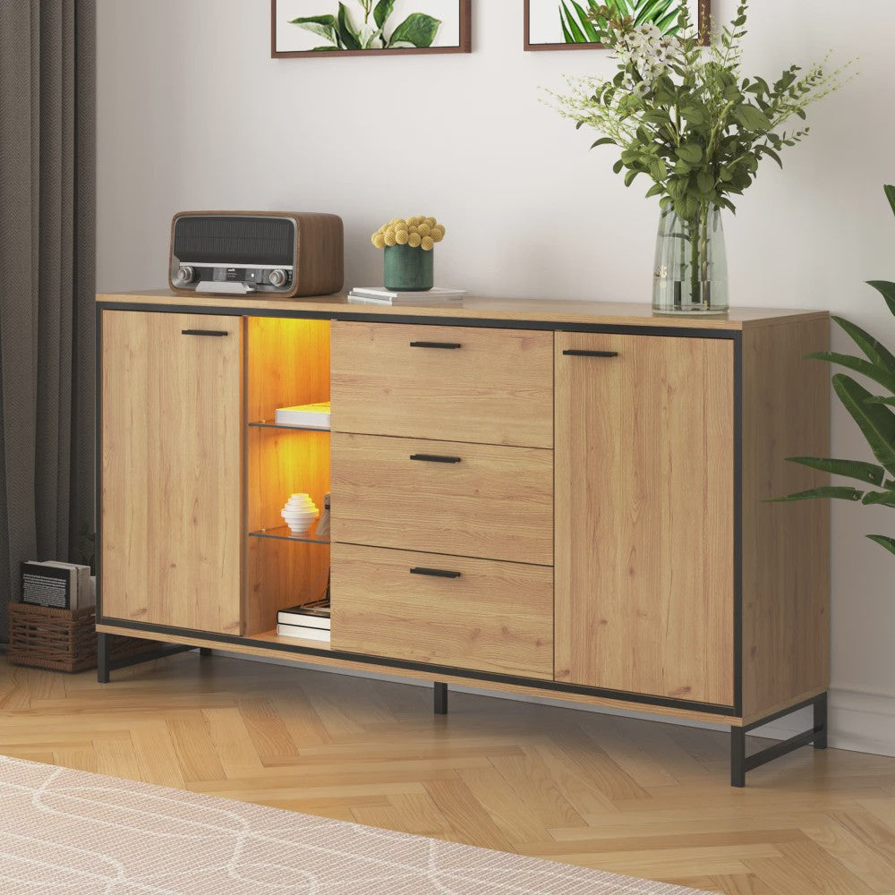 Modern Dressoir Zwart met Houtlook - 3 Lades & Opbergruimte