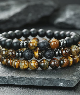 Set van 3 Heren Armbanden: Tijgeroog, Lavasteen & Onyx - Natuursteen