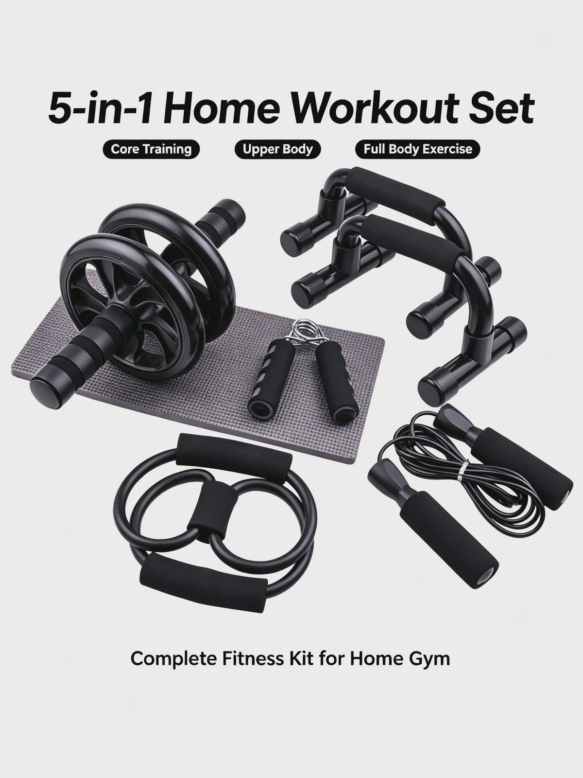 7-delige Home Workout Set: Springtouw, Handknijper, Push-up Bars & Buikroller