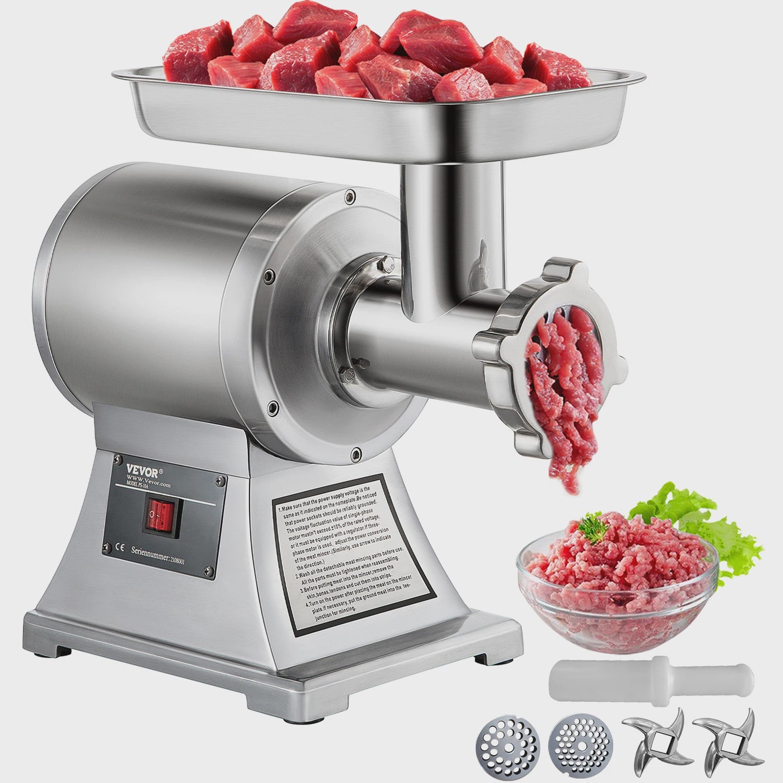 Krachtige 1100W Elektrische Vleesmolen - RVS Gehaktmolen & Food Processor