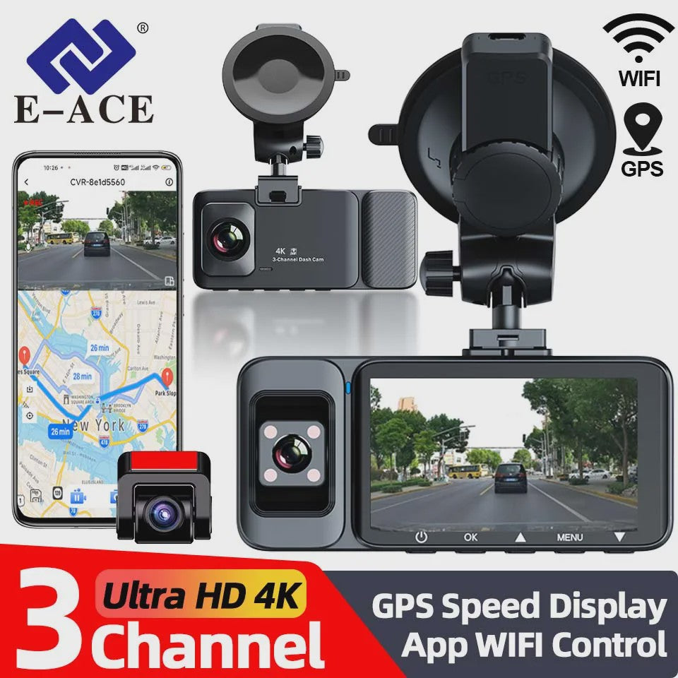 4K 3-Kanaals Dashcam met Infrarood Interne Camera, WIFI, GPS & Parkeermodus - 3'' LCD