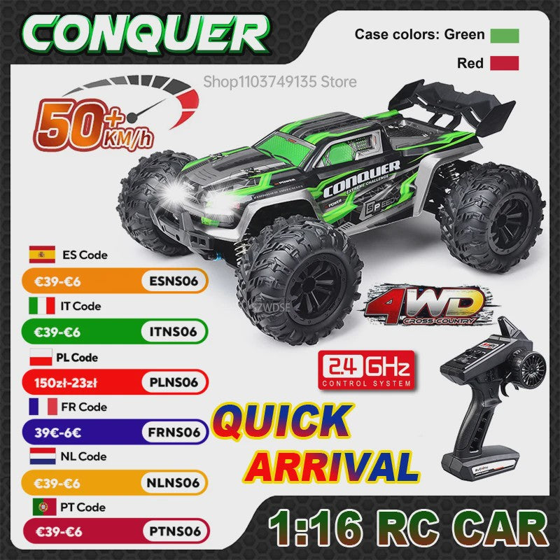 WLtoys 16102 1:16 RC Monster Truck - 50KM/H High Speed 4WD Off-Road Auto met LED