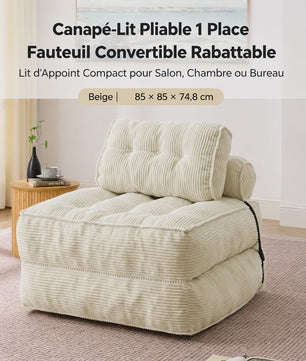2-in-1 Beige Ribstof Fauteuil en Slaapbank - Multifunctioneel en Opvouwbaar