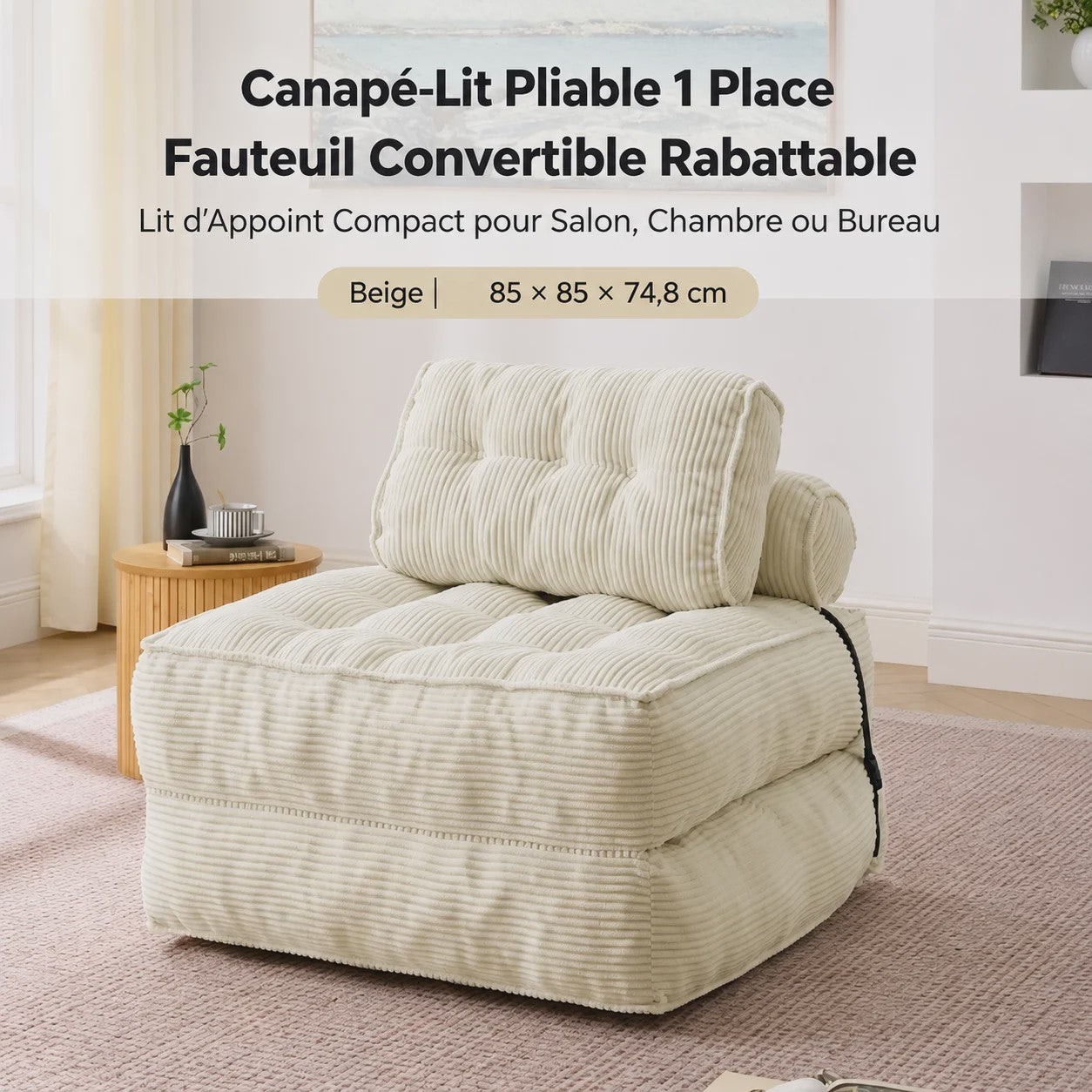 2-in-1 Beige Ribstof Fauteuil en Slaapbank - Multifunctioneel en Opvouwbaar