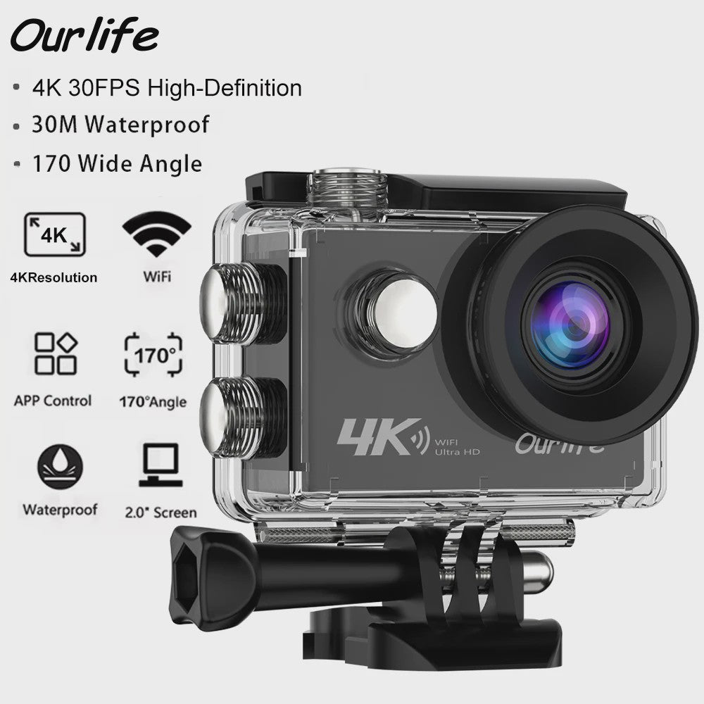 Ourlife 4K Action Camera Ultra HD 16MP met WiFi, 30M Waterdicht & 170° Groothoek