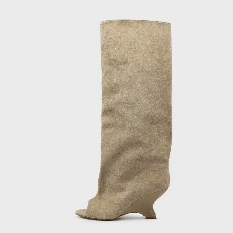 Dames Laarzen met Peep-toe, Hoge Schuine Hak en Kniehoge Schacht - Zomer/Lente Collectie