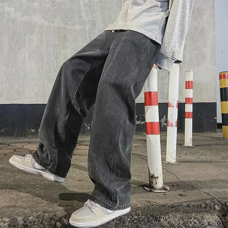 Streetwear Jeans Heren: Loose Fit, Wide Leg, Koreaanse Stijl - Zwart & Lichtblauw