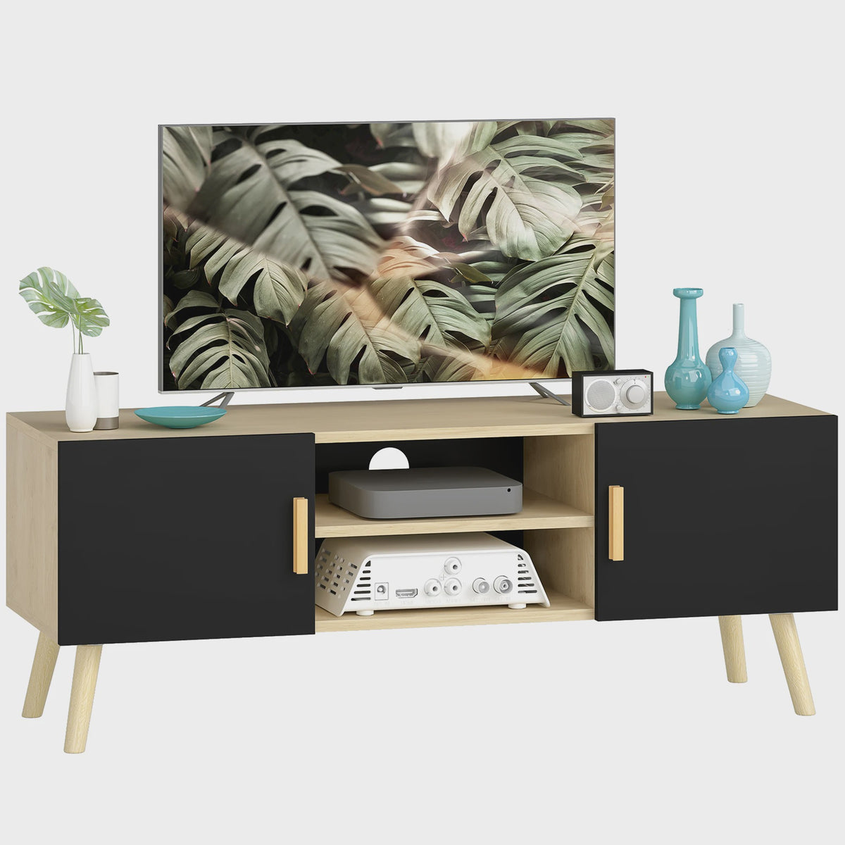 HOMCOM Furniture TV Furniture TV drink TV bench up to 50 inch with shelves, 2 closets and cable passes for living room, bedroom, 110x42 cm, oak and black