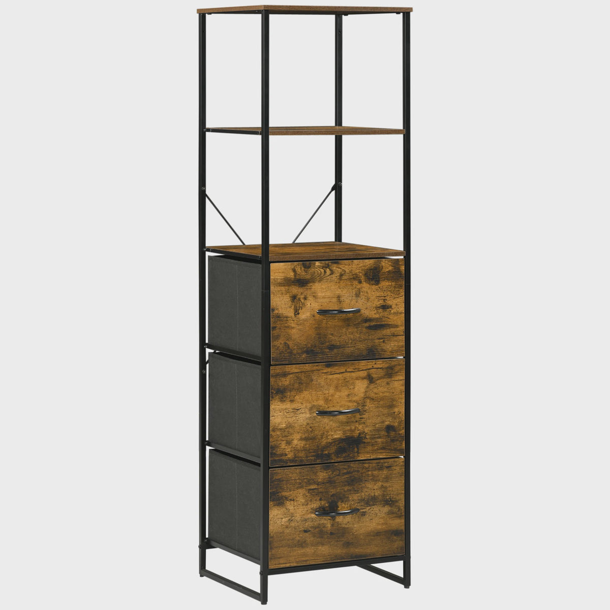 Industrieel Opbergmeubel met Planken en 3 Stoffen Lades - 44x40x155 cm