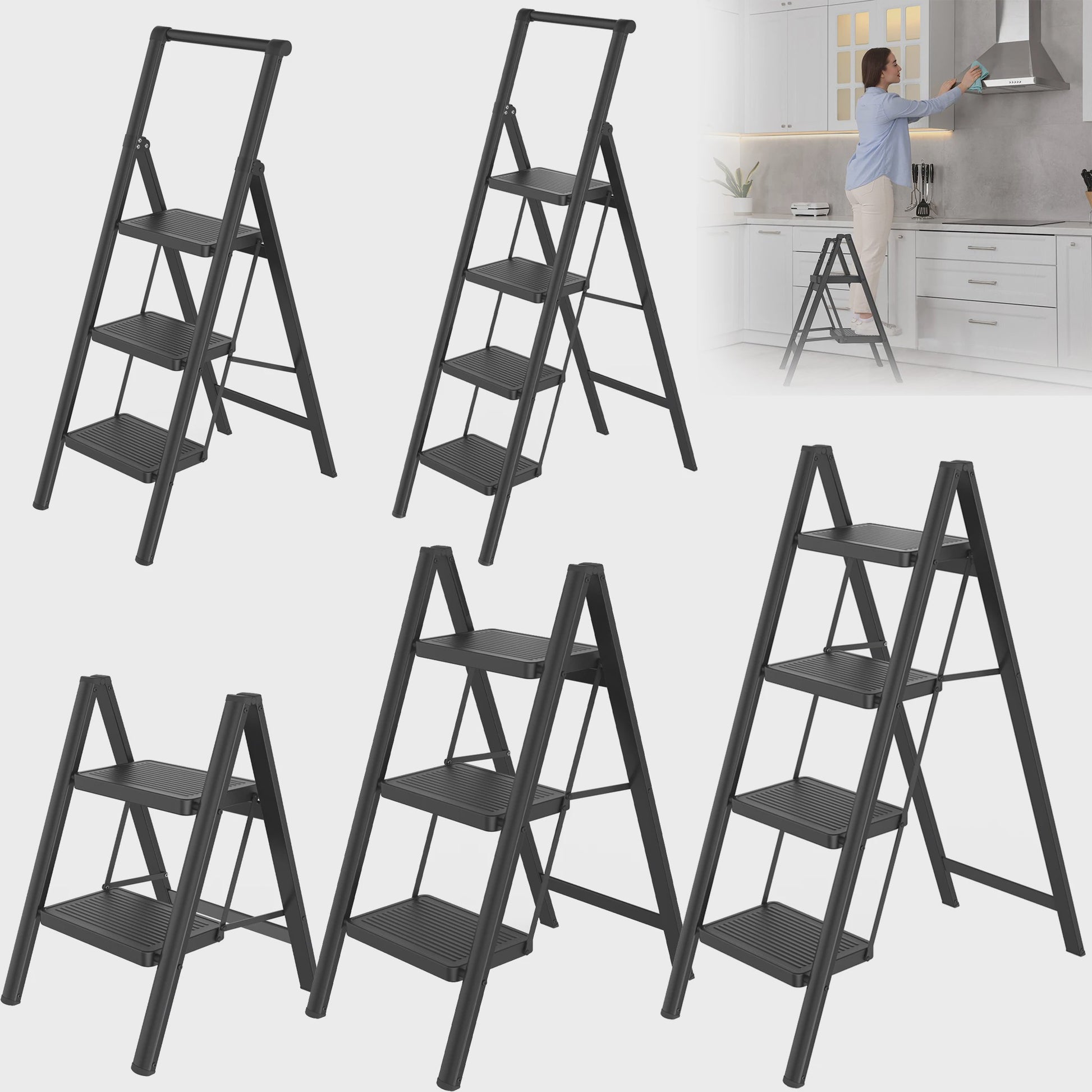 Opvouwbare Steekladder met Optionele Handgreep - 2/3/4 Treden, 250kg Belastbaar
