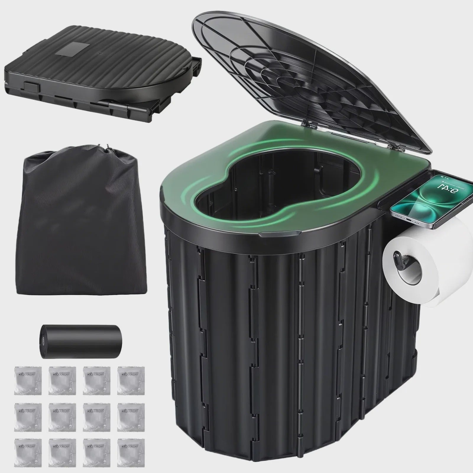 Draagbaar Camping Toilet met Deksel & Toiletrolhouder - Noodtoilet voor Reizen, Kamperen, Auto, Kind & Volwassene