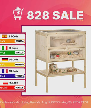 Pawhut Wooden Hamster Cage with Ramp, Folding Roof, Plexiglass Window and Lower Shelf 60X40X80 cm Natural