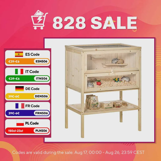 Pawhut Wooden Hamster Cage with Ramp, Folding Roof, Plexiglass Window and Lower Shelf 60X40X80 cm Natural