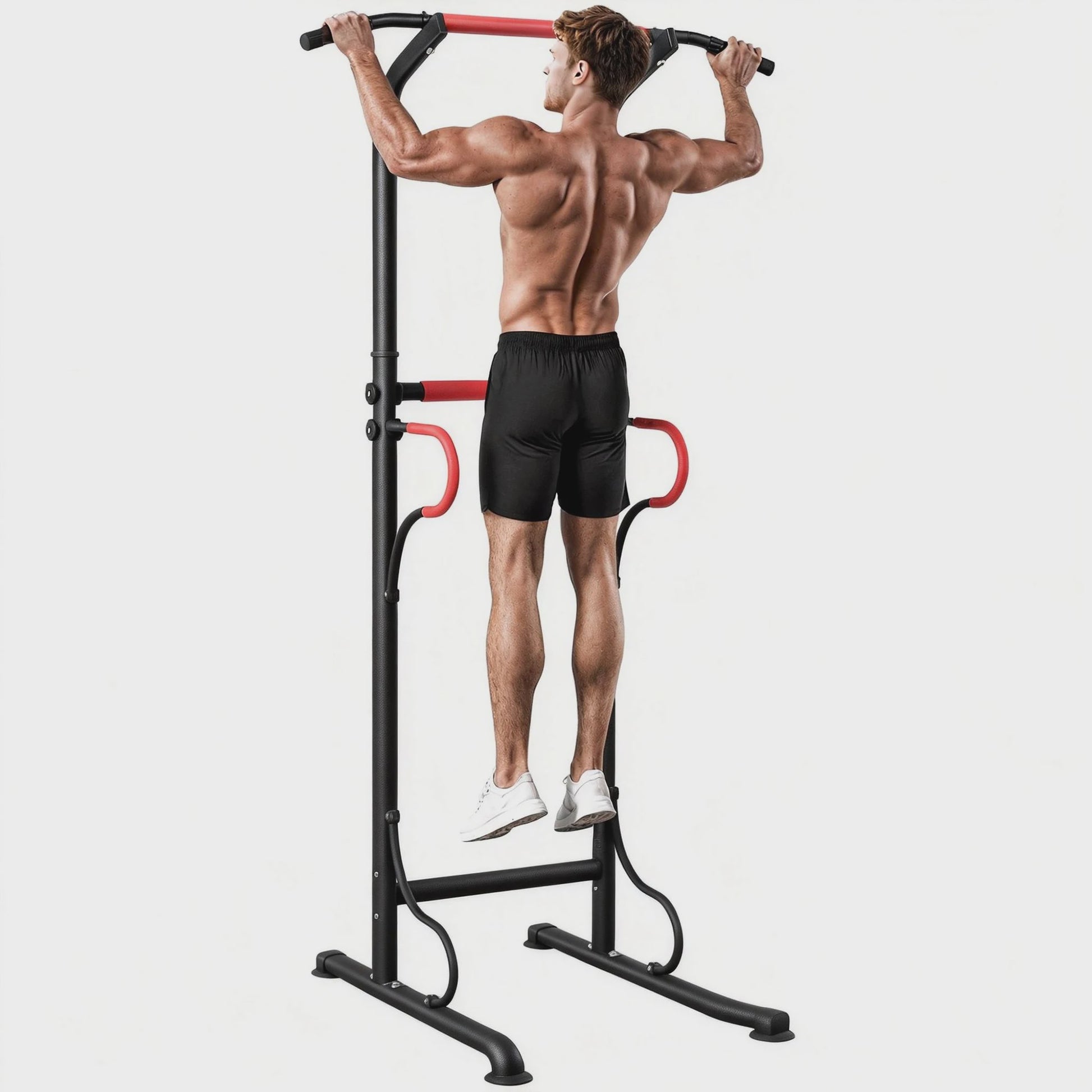 HOMCOM Multifunctioneel Bodybuilding Station - Optrekstang, Dip Station & Meer - In Hoogte Verstelbaar - Zwart/Rood